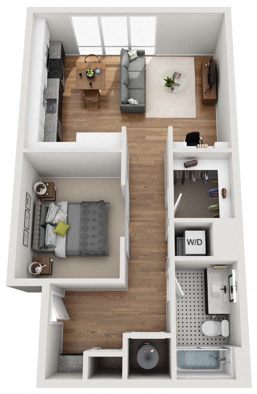 Floor plan for 1 bed, 1 bath, 703 sqft